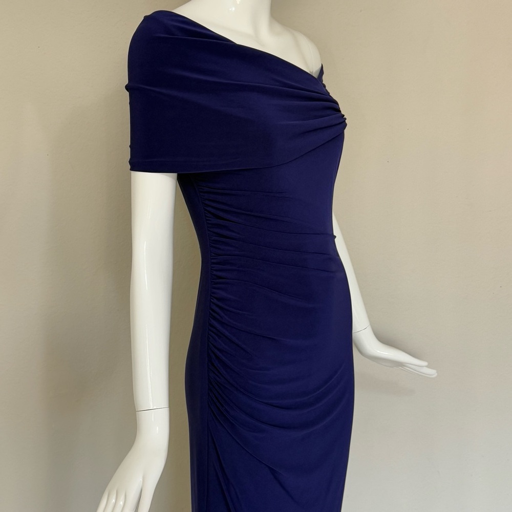 Badgley Mischka Draped One Shoulder Ruched Stretch Cape Dress Blue Size 4